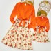 Sweet V-neck Long Sleeved Stitching Flower Orange Mom Girl Matching Dress