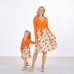 Sweet V-neck Long Sleeved Stitching Flower Orange Mom Girl Matching Dress