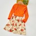 Sweet V-neck Long Sleeved Stitching Flower Orange Mom Girl Matching Dress