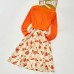 Sweet V-neck Long Sleeved Stitching Flower Orange Mom Girl Matching Dress