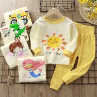 【9M-6Y】2-piece Unisex Cotton Cartoon Print Colorblock Long Sleeve Pajamas Set