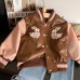 【18M-8Y】Girls Brown Bunny Embroidered PU Leather Jacket