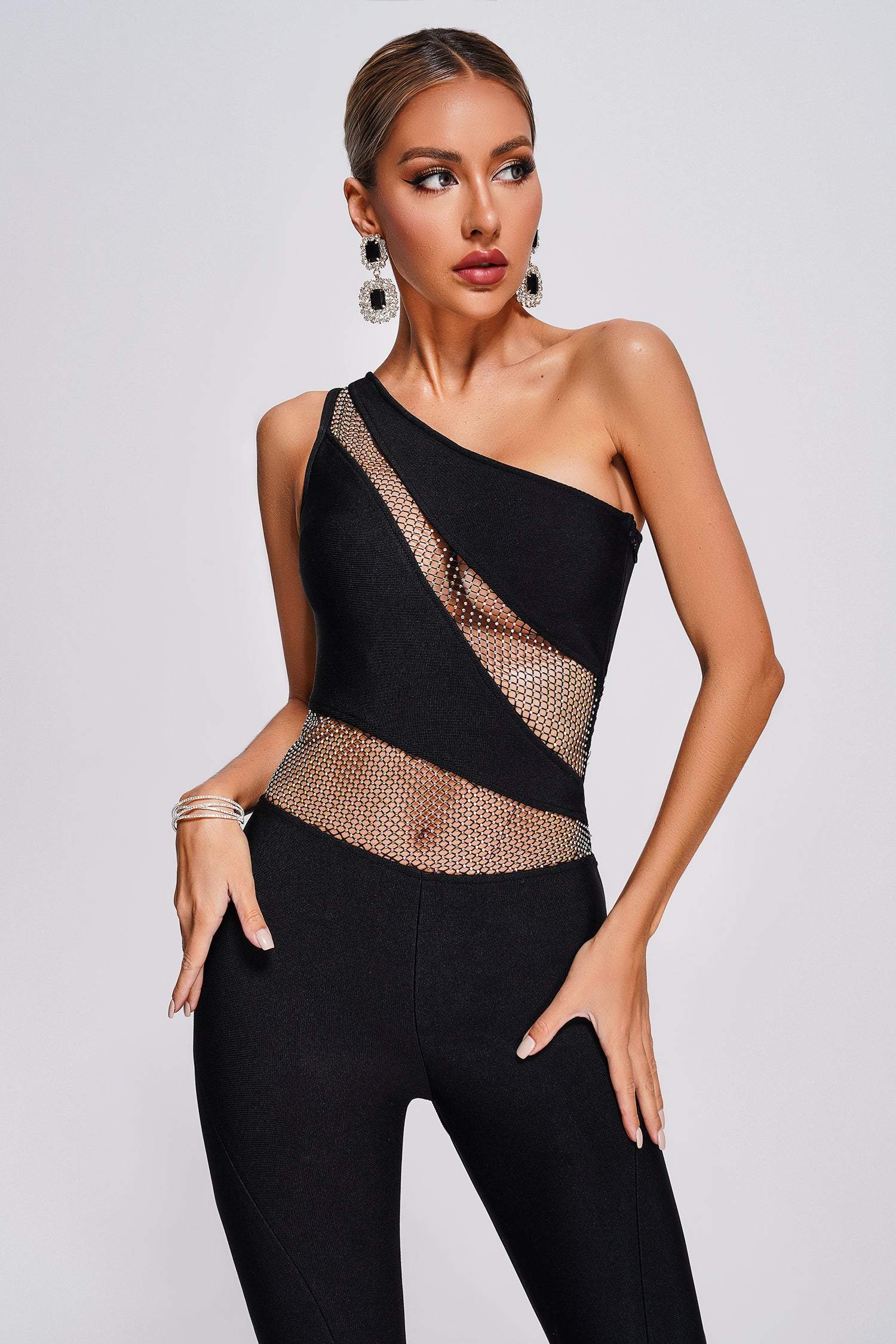 Trinvilla One Shoulder Mesh Bandage Jumpsuit Trinvilla One Shoulder Mesh Bandage Jumpsuit